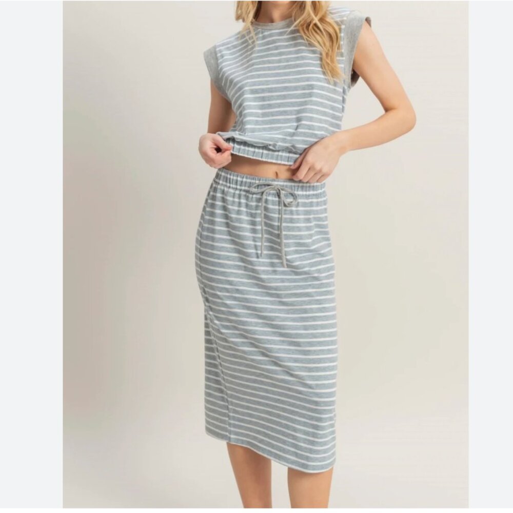 HYFVE Gray and White 2-piece Striped Top and Skirt Set, size Medium, NWOT